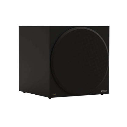 Monitor Audio Vestra W15 in Matte Black, angled view with grille