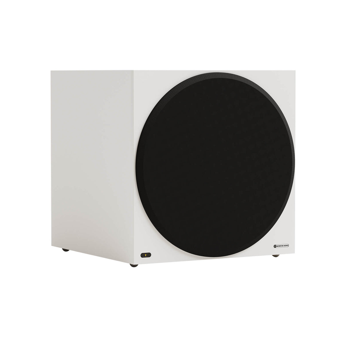 Monitor Audio Vestra W15 in Matte White, angled view with grille