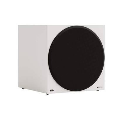 Monitor Audio Vestra W15 in Matte White, angled view with grille