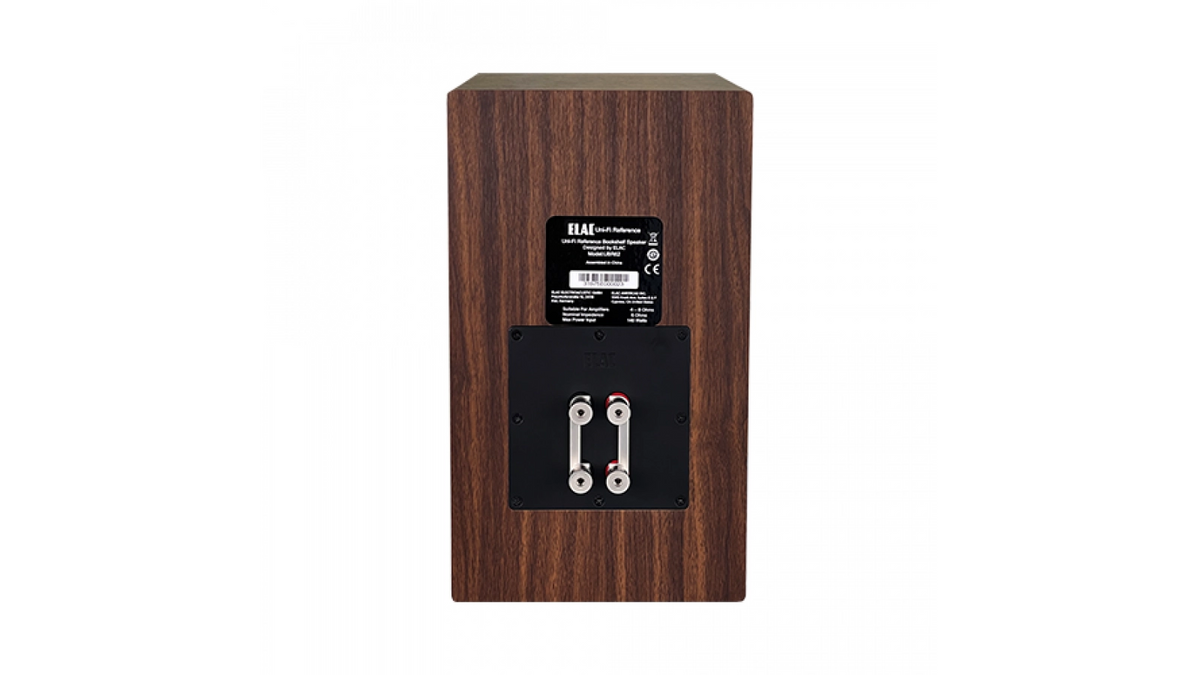 Elac UBR62 in Walnut-Black, rear view