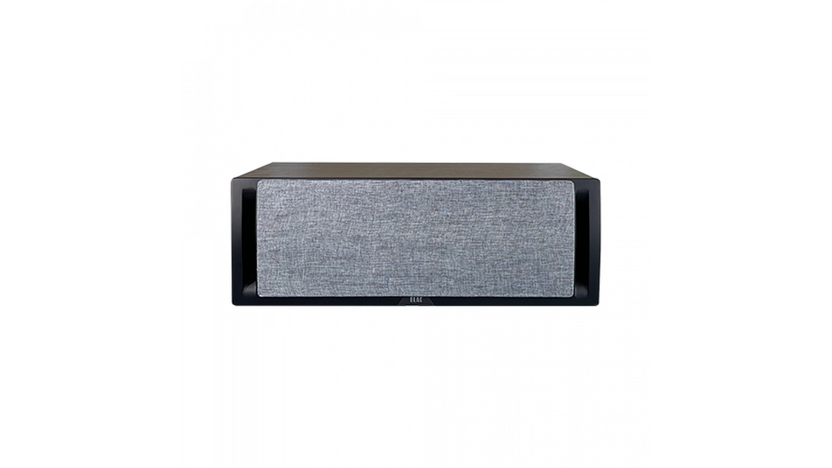 Elac UCR52 in Walnut-Black, front view with grille